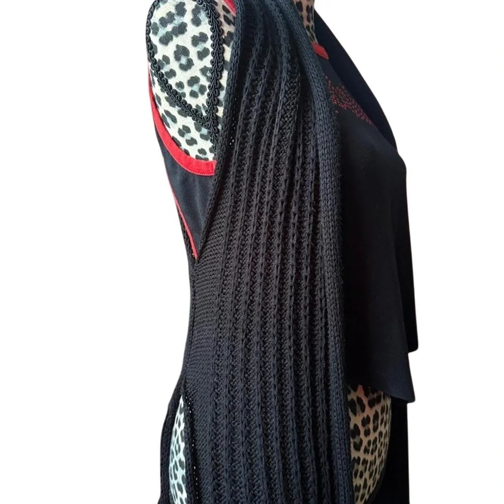 Black Open Knit Crochet Longline Sleeveless Cardigan Vest Medium